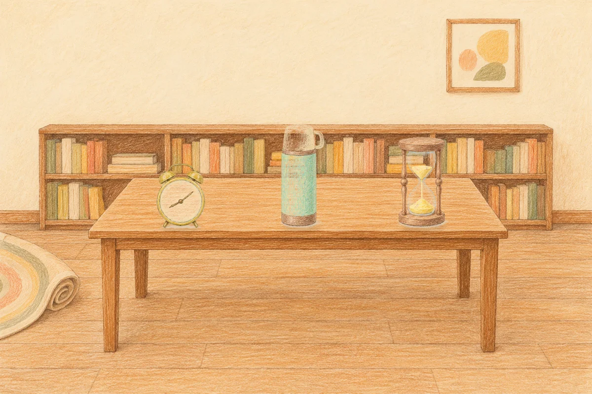 경기도광주 여성전용 추천 마사지 안내 그림, 낮의 서재 긴 책상 위에 놓인 둥근 알람시계, 보온병, 모래시계