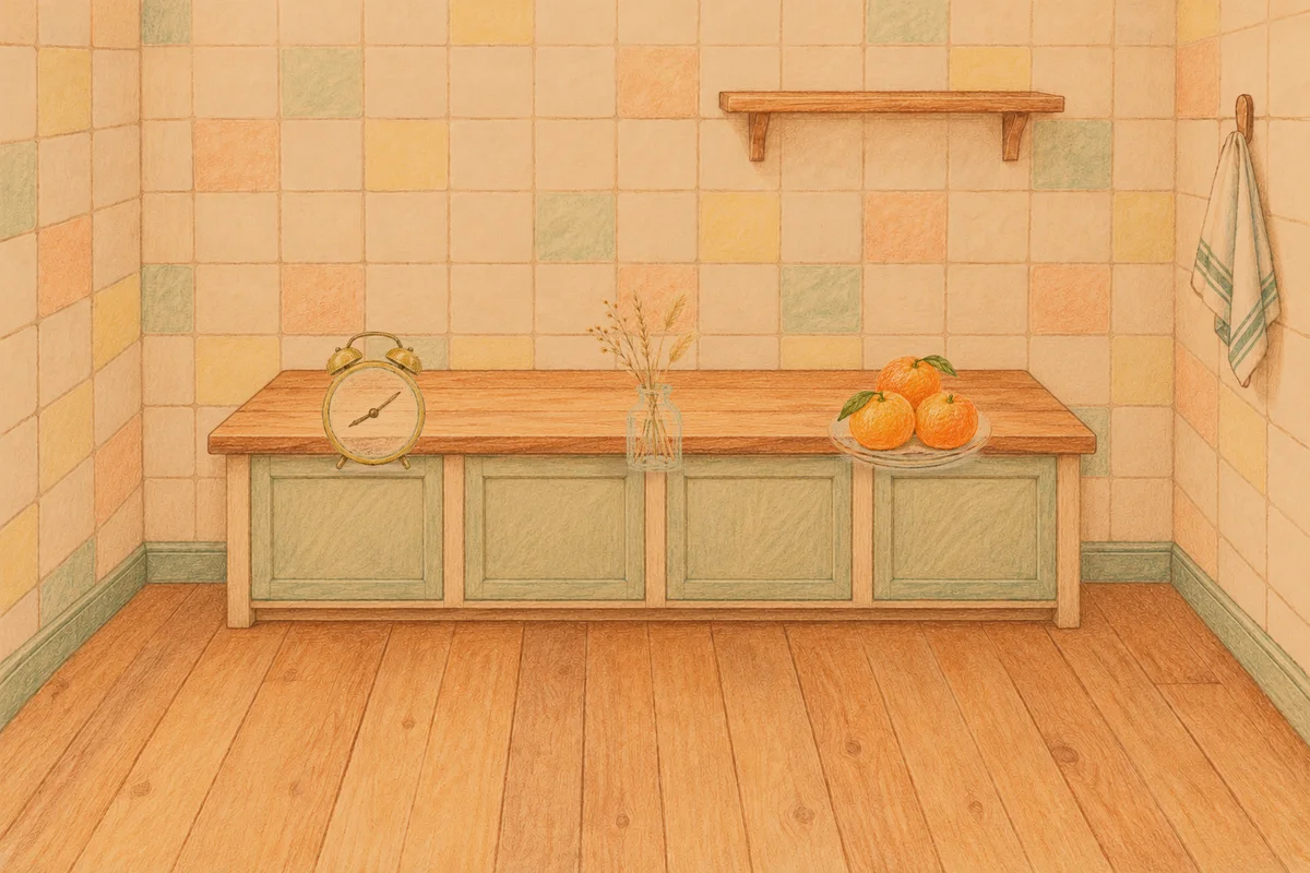 공덕 여성전용 스웨디시 마사지 안내 그림, 저녁의 부엌 나무 조리대 위에 놓인 둥근 알람시계, 마른 풀을 꽂은 항아리, 귤이 담긴 접시