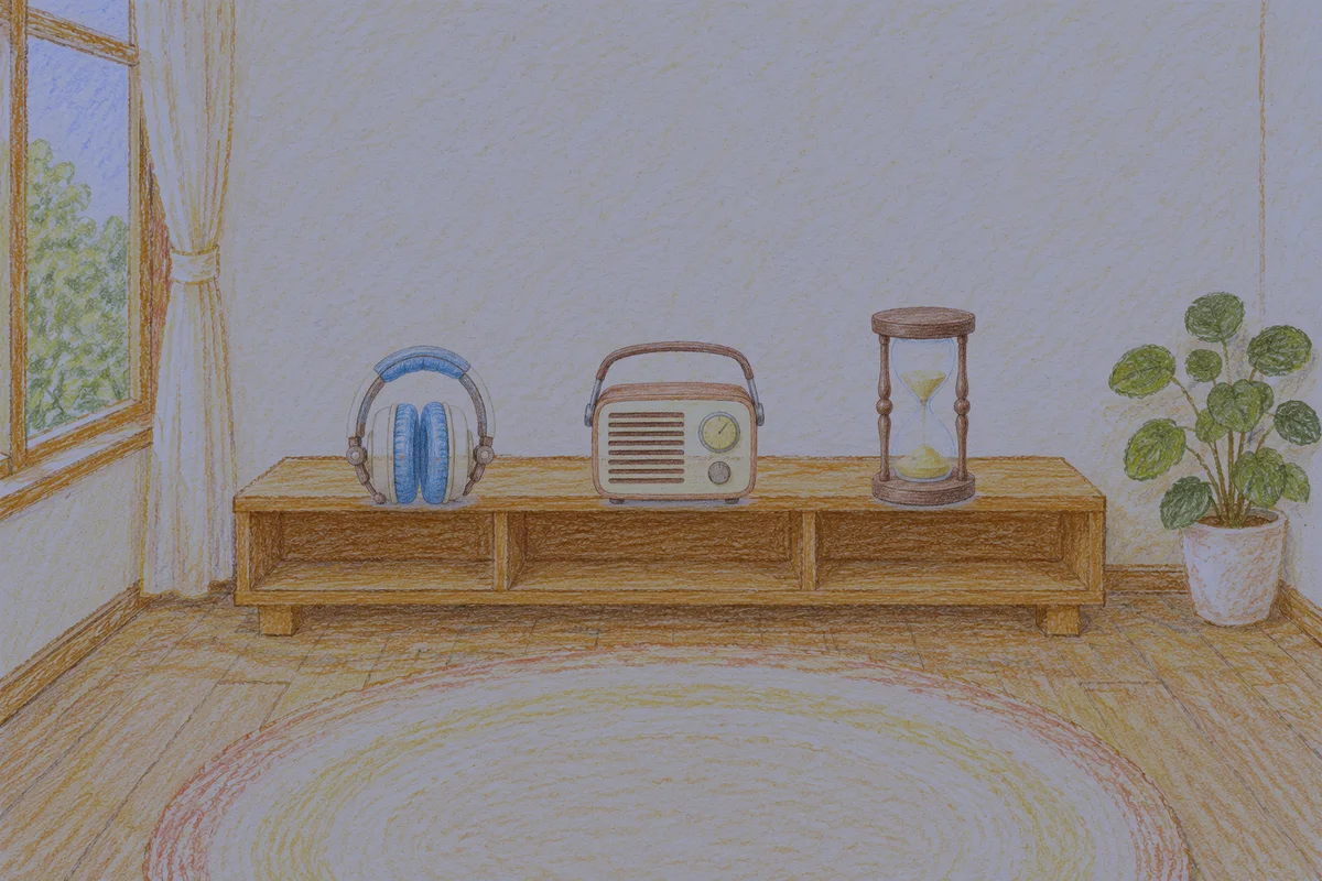 공덕 여성전용 아로마테라피 안내 그림, 밤의 창가 낮은 선반 위에 놓인 헤드폰, 작은 라디오, 모래시계