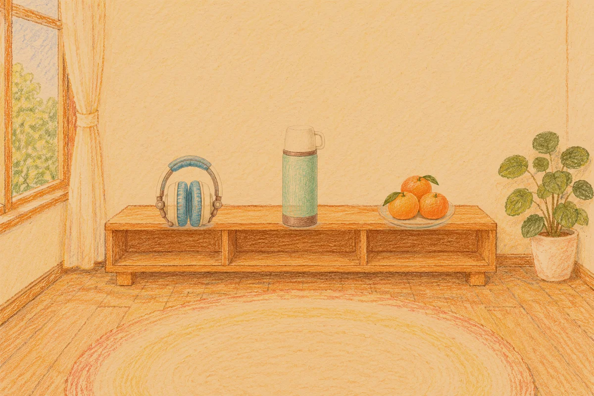 공덕 여성전용 스웨디시 홈케어 안내 그림, 저녁의 창가 낮은 선반 위에 놓인 헤드폰, 보온병, 귤이 담긴 접시