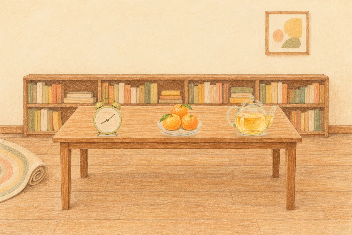공덕 여성전용 아로마 마사지 후기 안내 그림, 낮의 서재 긴 책상 위에 놓인 둥근 알람시계, 귤이 담긴 접시, 유리 티포트