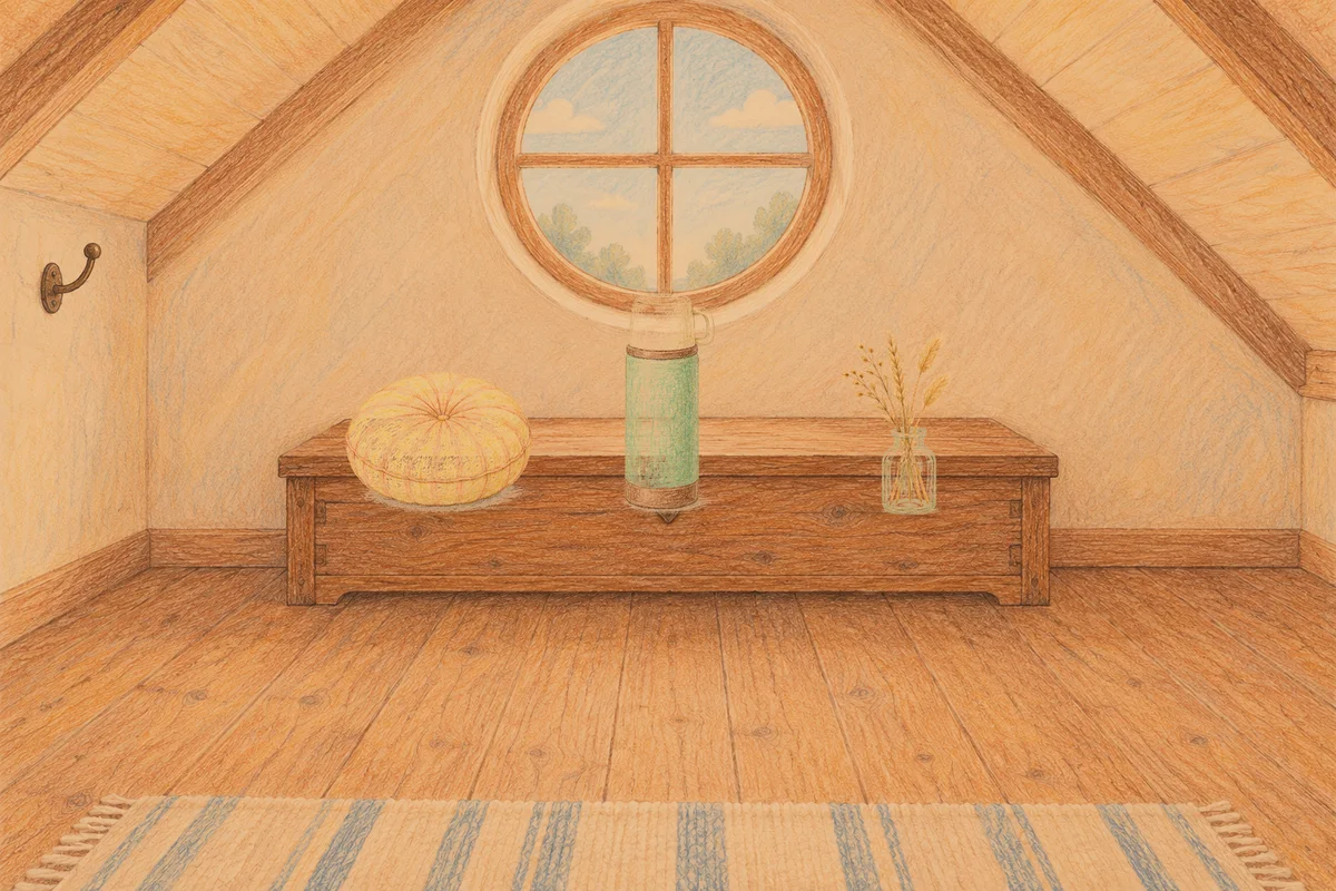 공덕 여성전용 스웨디시 가격 안내 그림, 저녁의 다락방 나무 궤짝 위에 놓인 둥근 쿠션, 보온병, 마른 풀을 꽂은 항아리