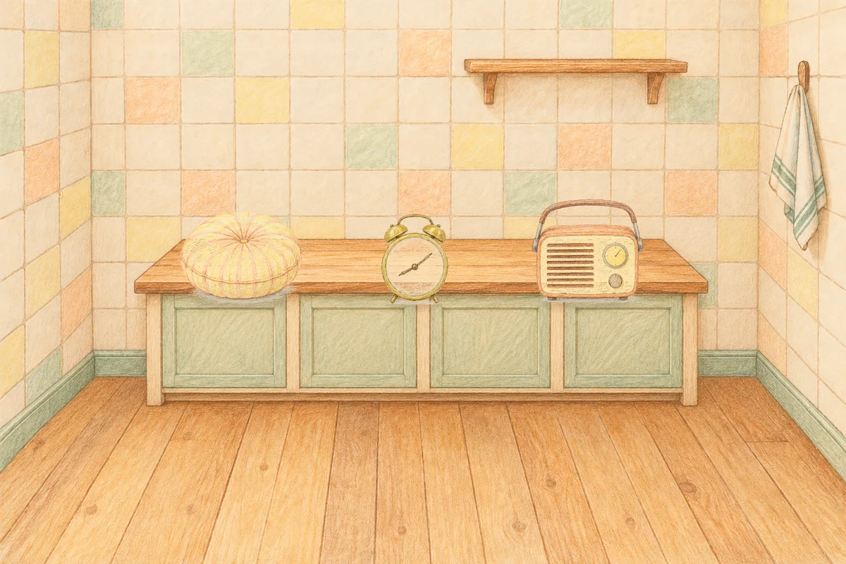 공덕 여성전용 아로마 가격 안내 그림, 낮의 부엌 나무 조리대 위에 놓인 둥근 쿠션, 둥근 알람시계, 작은 라디오