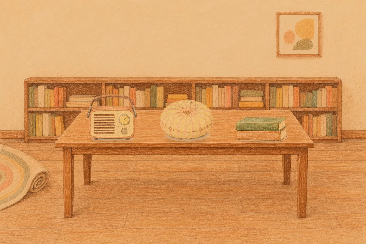 공덕 여성전용 아로마 추천 안내 그림, 저녁의 서재 긴 책상 위에 놓인 작은 라디오, 둥근 쿠션, 책 두 권