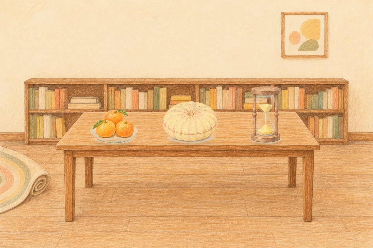 공덕 여성전용 경락마사지 안내 그림, 낮의 서재 긴 책상 위에 놓인 귤이 담긴 접시, 둥근 쿠션, 모래시계