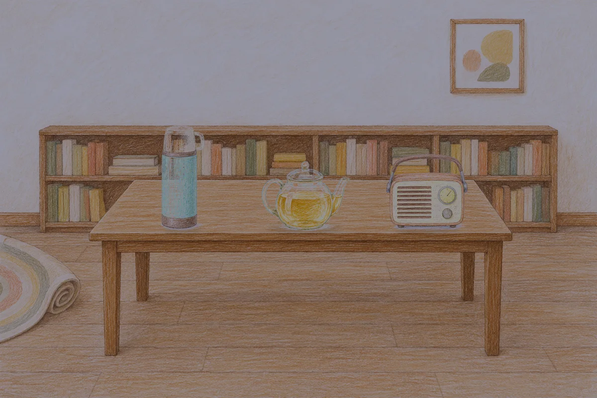 공덕 여성전용 경락 마사지 안내 그림, 밤의 서재 긴 책상 위에 놓인 보온병, 유리 티포트, 작은 라디오