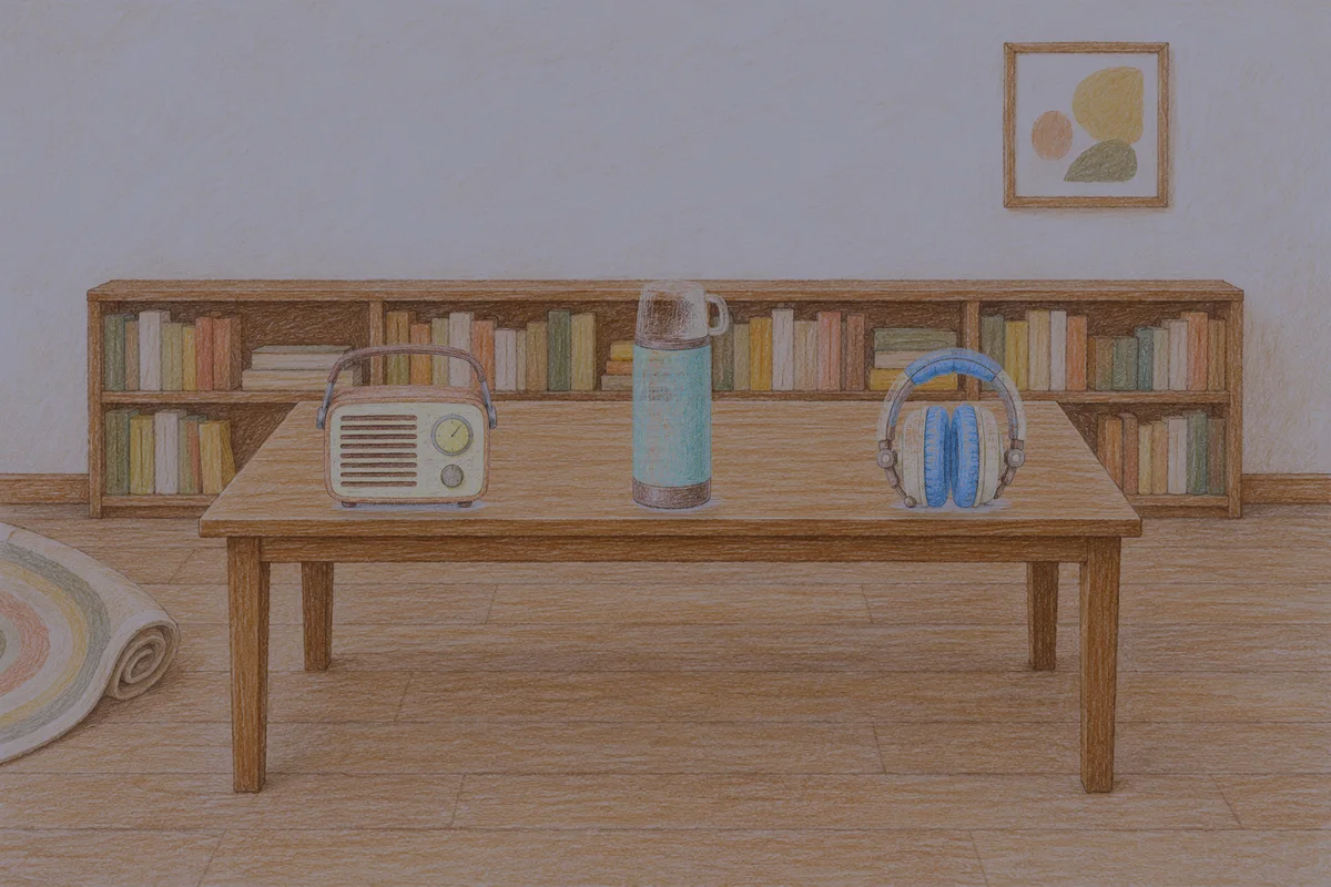 공덕 여성전용 경락 가격 안내 그림, 밤의 서재 긴 책상 위에 놓인 작은 라디오, 보온병, 헤드폰