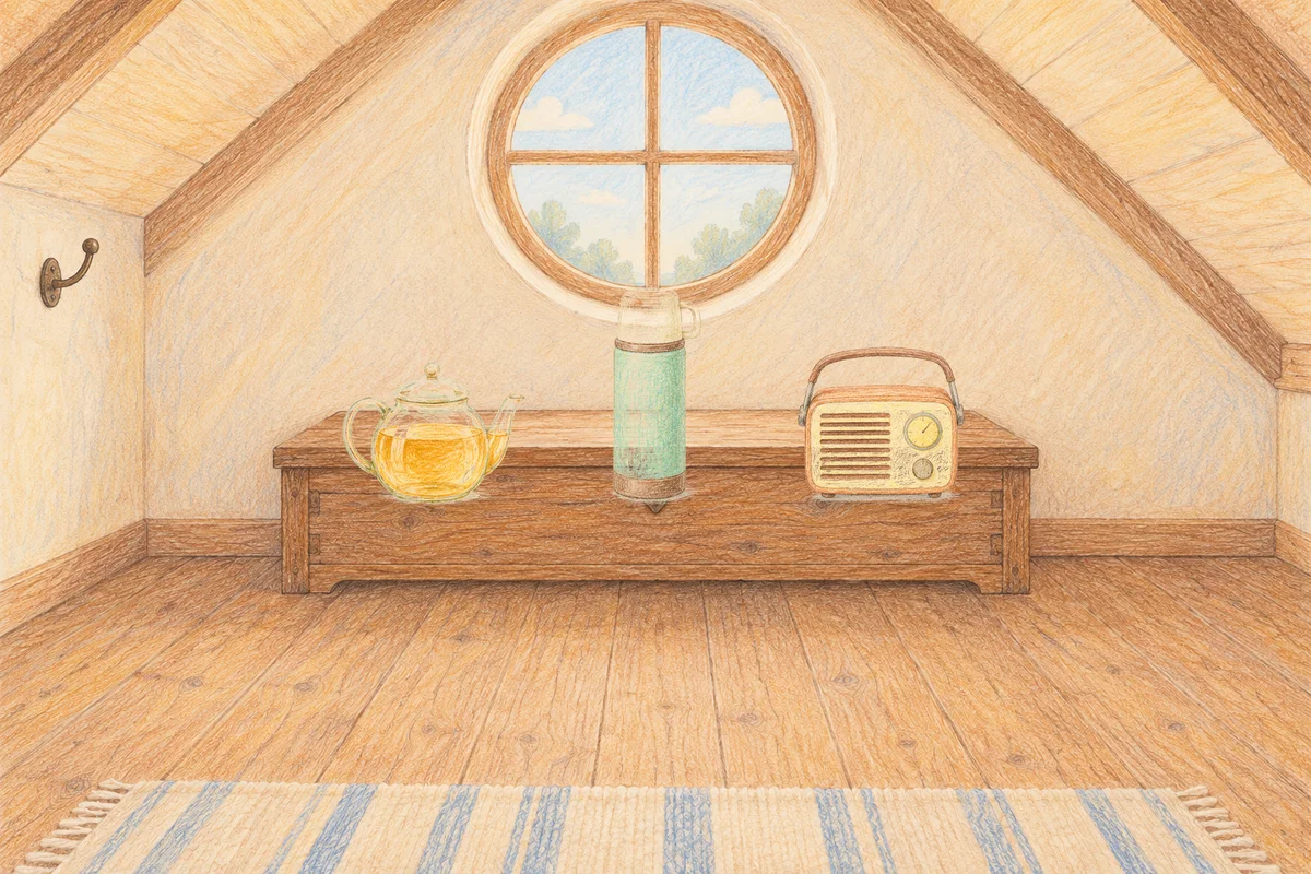 공덕 여성전용 경락 추천 안내 그림, 낮의 다락방 나무 궤짝 위에 놓인 유리 티포트, 보온병, 작은 라디오