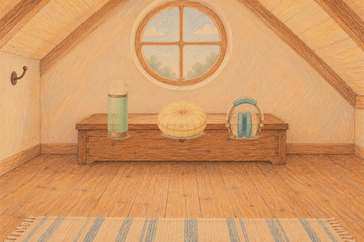 공덕 여성전용 홈케어 안내 그림, 저녁의 다락방 나무 궤짝 위에 놓인 보온병, 둥근 쿠션, 헤드폰