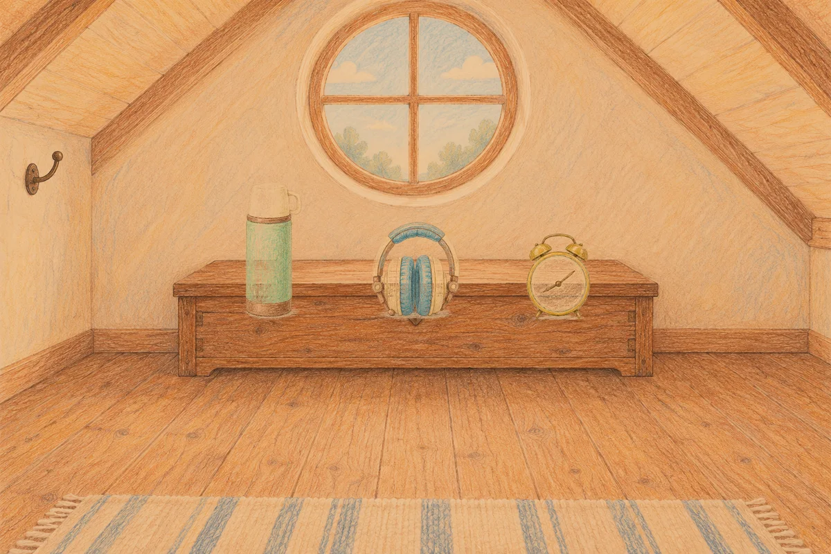 공덕 여성전용 방문 홈케어 안내 그림, 저녁의 다락방 나무 궤짝 위에 놓인 보온병, 헤드폰, 둥근 알람시계