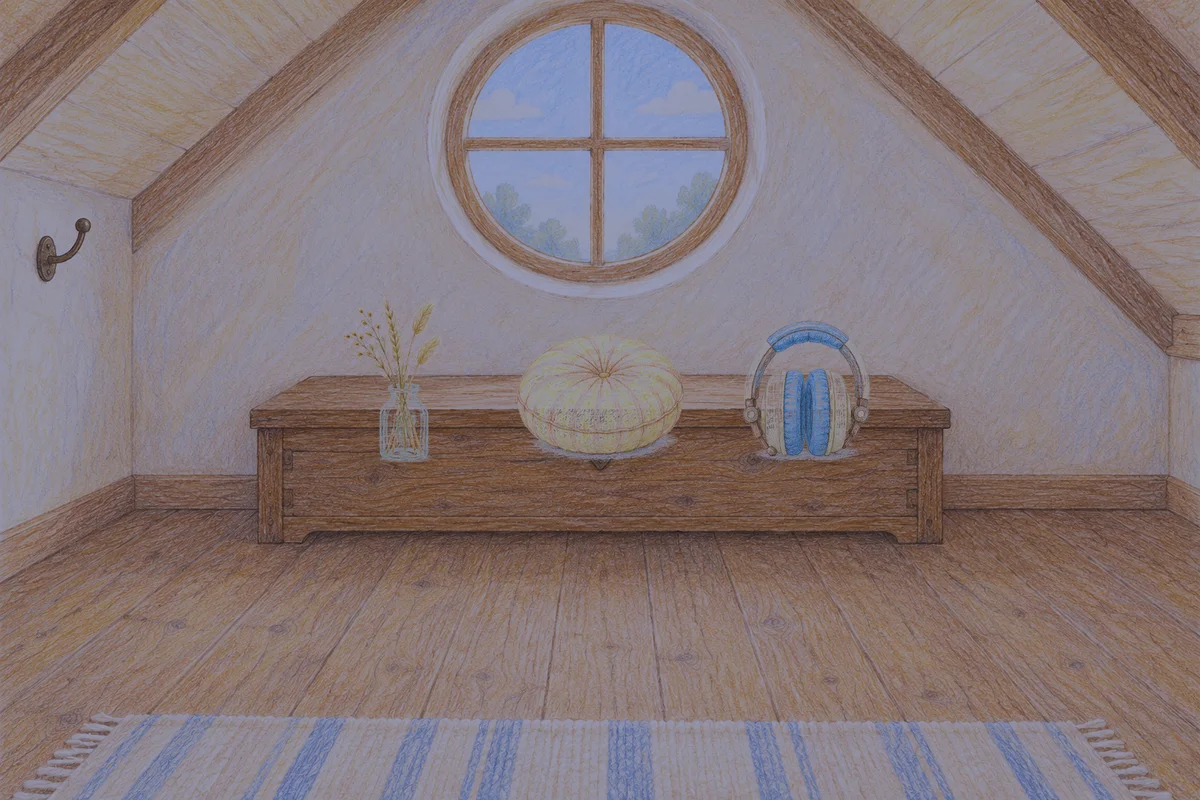 공덕 여성전용 1인샵 안내 그림, 밤의 다락방 나무 궤짝 위에 놓인 마른 풀을 꽂은 항아리, 둥근 쿠션, 헤드폰