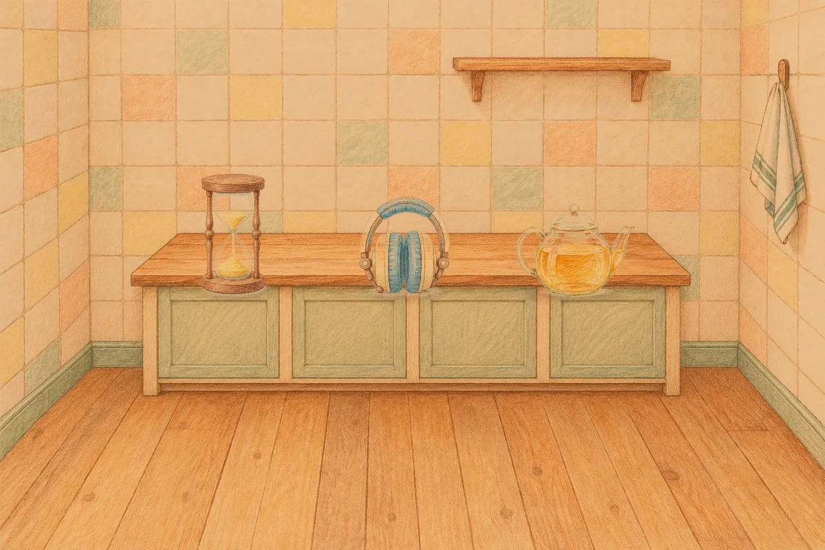 공덕 여성전용 프라이빗 케어 안내 그림, 저녁의 부엌 나무 조리대 위에 놓인 모래시계, 헤드폰, 유리 티포트