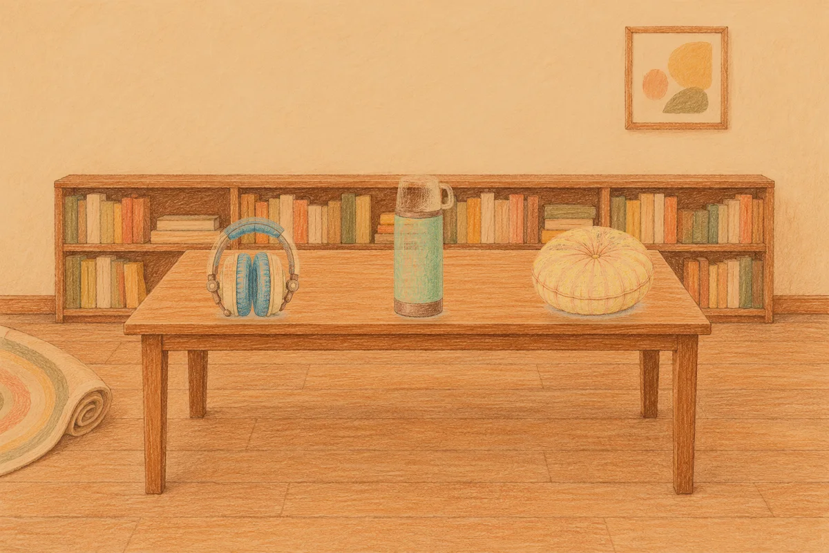 공덕 여성전용 홈케어 추천 안내 그림, 저녁의 서재 긴 책상 위에 놓인 헤드폰, 보온병, 둥근 쿠션