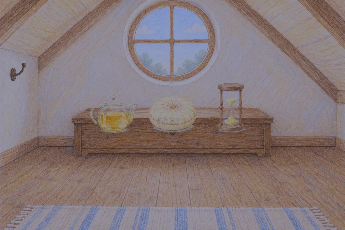 공덕 여성전용 발 케어 안내 그림, 밤의 다락방 나무 궤짝 위에 놓인 유리 티포트, 둥근 쿠션, 모래시계