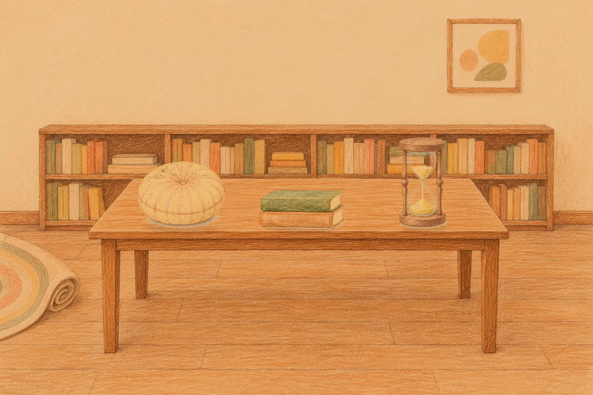 공덕 여성전용 발 부종 케어 안내 그림, 저녁의 서재 긴 책상 위에 놓인 둥근 쿠션, 책 두 권, 모래시계