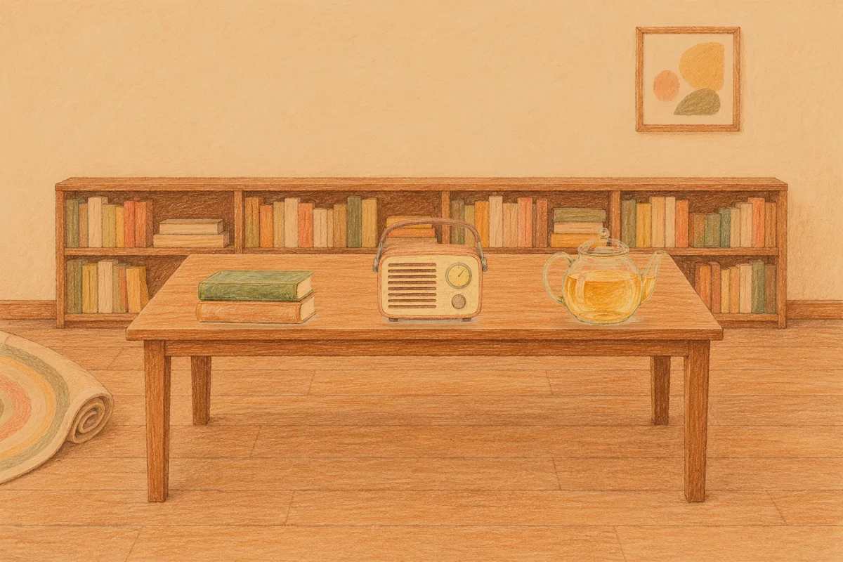 공덕 여성전용 발관리 후기 안내 그림, 저녁의 서재 긴 책상 위에 놓인 책 두 권, 작은 라디오, 유리 티포트