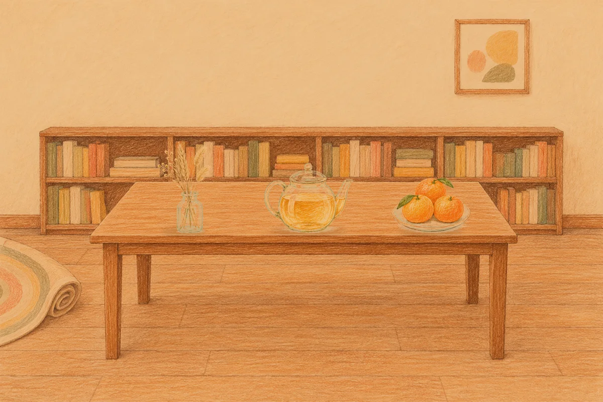 공덕 여성전용 부종 케어 안내 그림, 저녁의 서재 긴 책상 위에 놓인 마른 풀을 꽂은 항아리, 유리 티포트, 귤이 담긴 접시