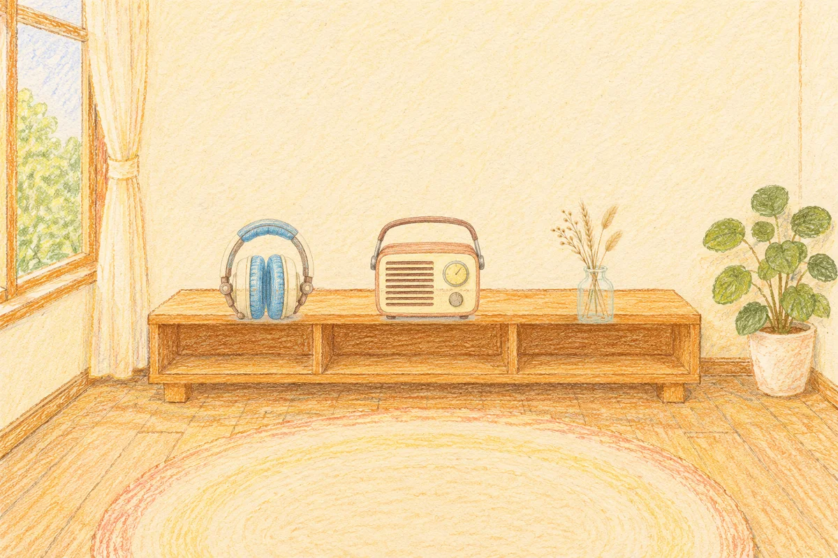 공덕 여성전용 셀룰라이트 관리 안내 그림, 낮의 창가 낮은 선반 위에 놓인 헤드폰, 작은 라디오, 마른 풀을 꽂은 항아리