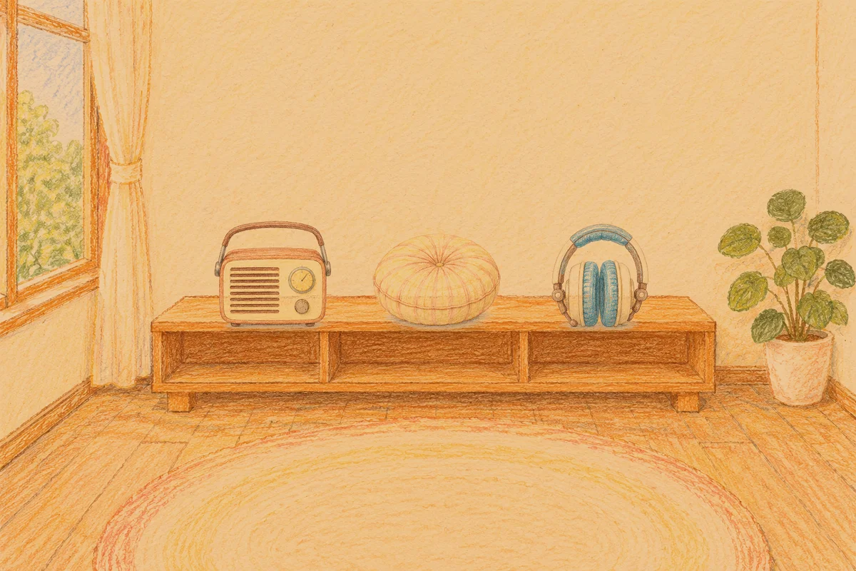 공덕 여성전용 슬리밍 마사지 안내 그림, 저녁의 창가 낮은 선반 위에 놓인 작은 라디오, 둥근 쿠션, 헤드폰