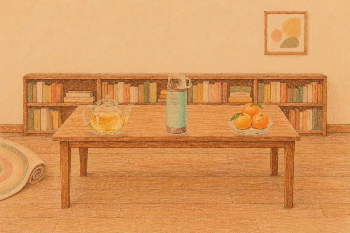 공덕 여성전용 디톡스 마사지 안내 그림, 저녁의 서재 긴 책상 위에 놓인 유리 티포트, 보온병, 귤이 담긴 접시
