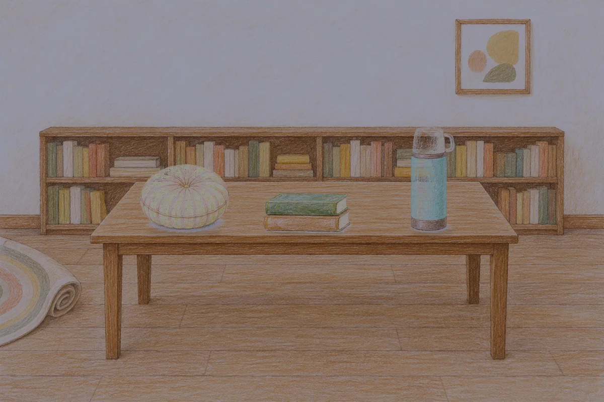 공덕 여성전용 복부 마사지 안내 그림, 밤의 서재 긴 책상 위에 놓인 둥근 쿠션, 책 두 권, 보온병