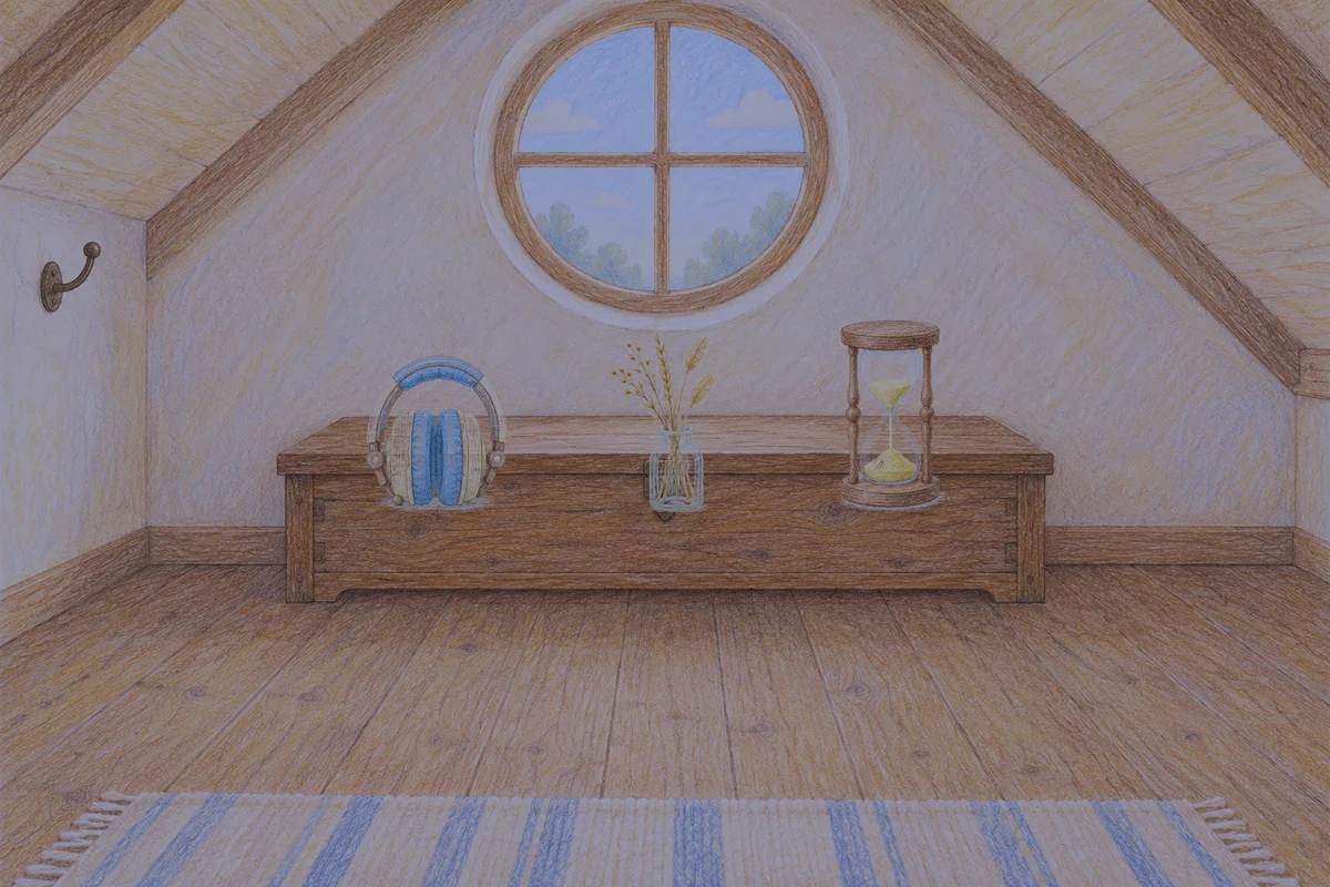 공덕 여성전용 종아리 케어 안내 그림, 밤의 다락방 나무 궤짝 위에 놓인 헤드폰, 마른 풀을 꽂은 항아리, 모래시계