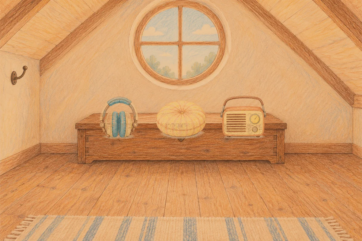 공덕 여성전용 두피 마사지 안내 그림, 저녁의 다락방 나무 궤짝 위에 놓인 헤드폰, 둥근 쿠션, 작은 라디오