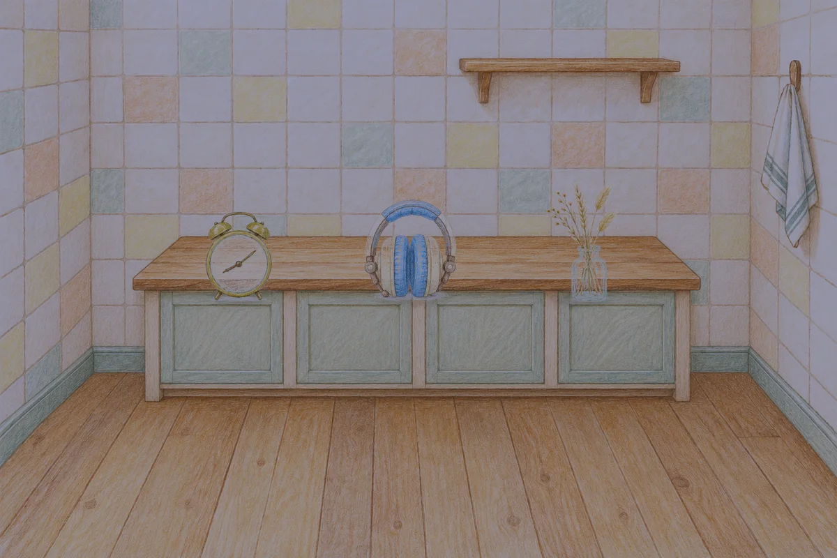 공덕 여성전용 어깨 마사지 안내 그림, 밤의 부엌 나무 조리대 위에 놓인 둥근 알람시계, 헤드폰, 마른 풀을 꽂은 항아리
