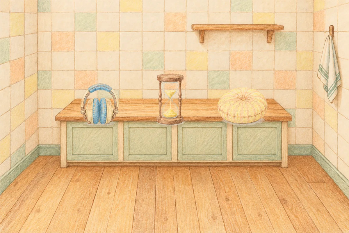 공덕 여성전용 목 어깨 케어 안내 그림, 낮의 부엌 나무 조리대 위에 놓인 헤드폰, 모래시계, 둥근 쿠션