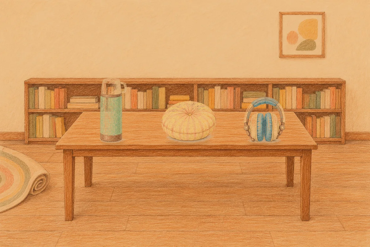 공덕 여성전용 두통 완화 마사지 안내 그림, 저녁의 서재 긴 책상 위에 놓인 보온병, 둥근 쿠션, 헤드폰