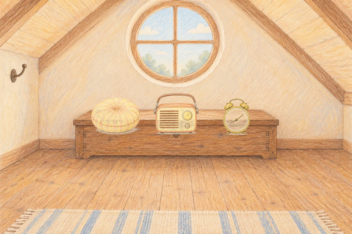공덕 여성전용 페이셜 마사지 안내 그림, 낮의 다락방 나무 궤짝 위에 놓인 둥근 쿠션, 작은 라디오, 둥근 알람시계