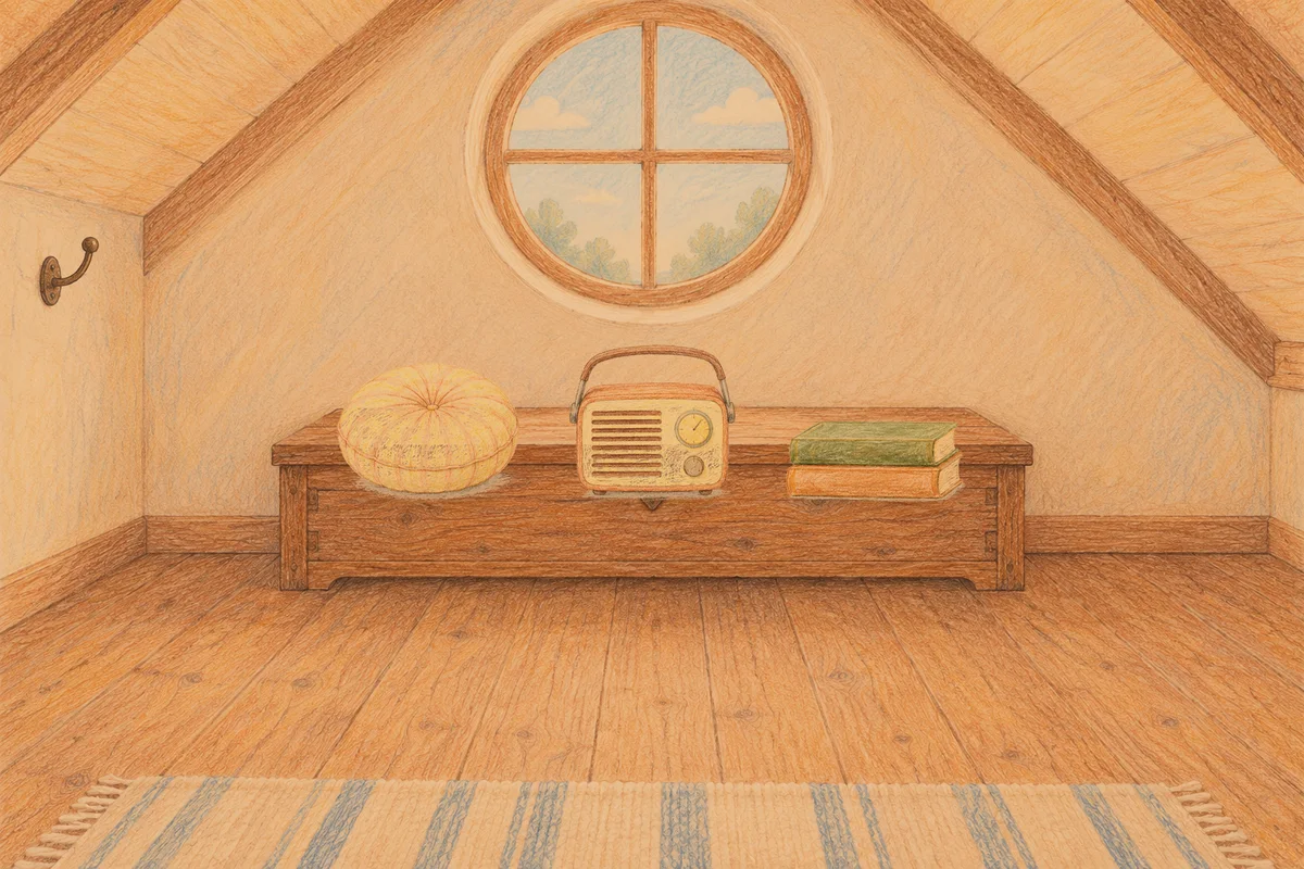 공덕 여성전용 안티에이징 케어 안내 그림, 저녁의 다락방 나무 궤짝 위에 놓인 둥근 쿠션, 작은 라디오, 책 두 권