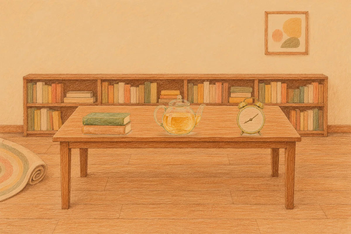 공덕 여성전용 브라이덜 케어 안내 그림, 저녁의 서재 긴 책상 위에 놓인 책 두 권, 유리 티포트, 둥근 알람시계