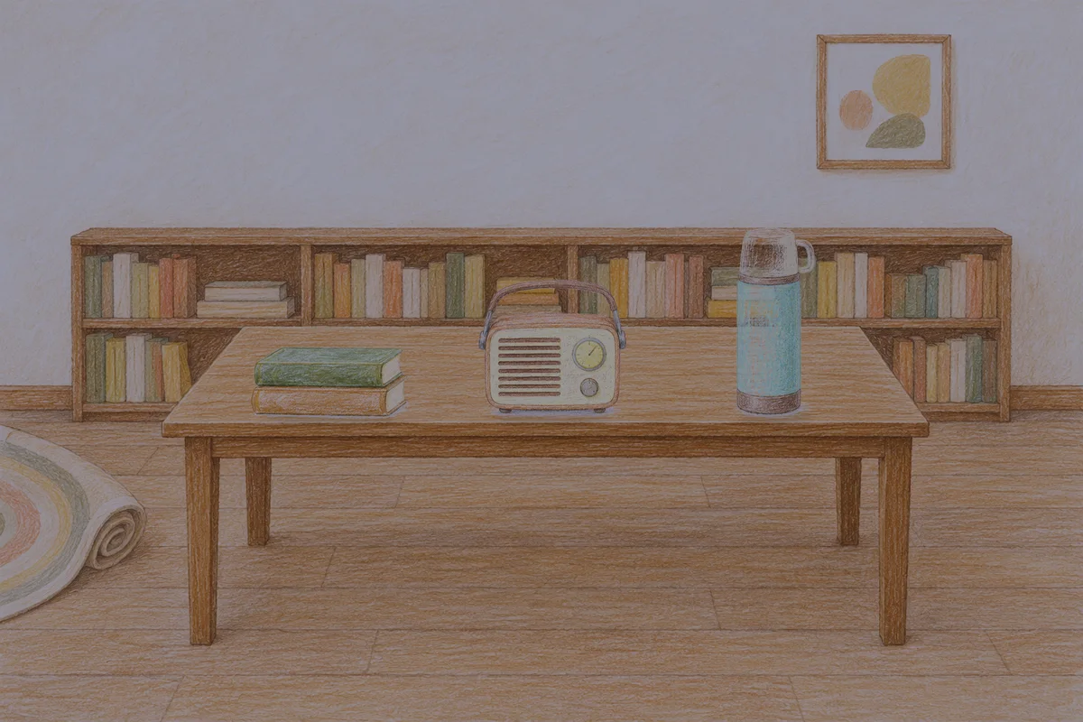 공덕 여성전용 가격 마사지 안내 그림, 밤의 서재 긴 책상 위에 놓인 책 두 권, 작은 라디오, 보온병
