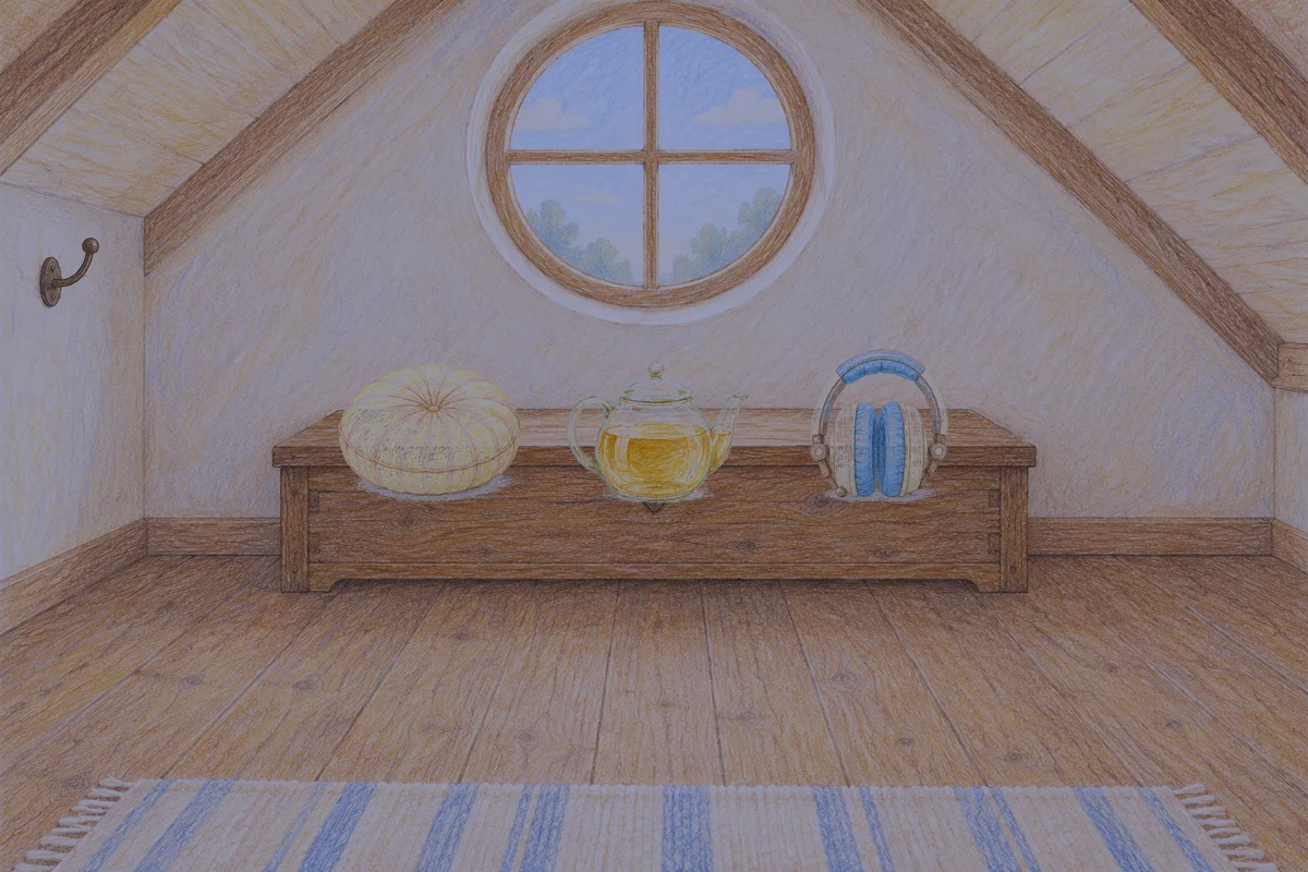 구로디지털단지 여성전용 스웨디시 마사지 안내 그림, 밤의 다락방 나무 궤짝 위에 놓인 둥근 쿠션, 유리 티포트, 헤드폰