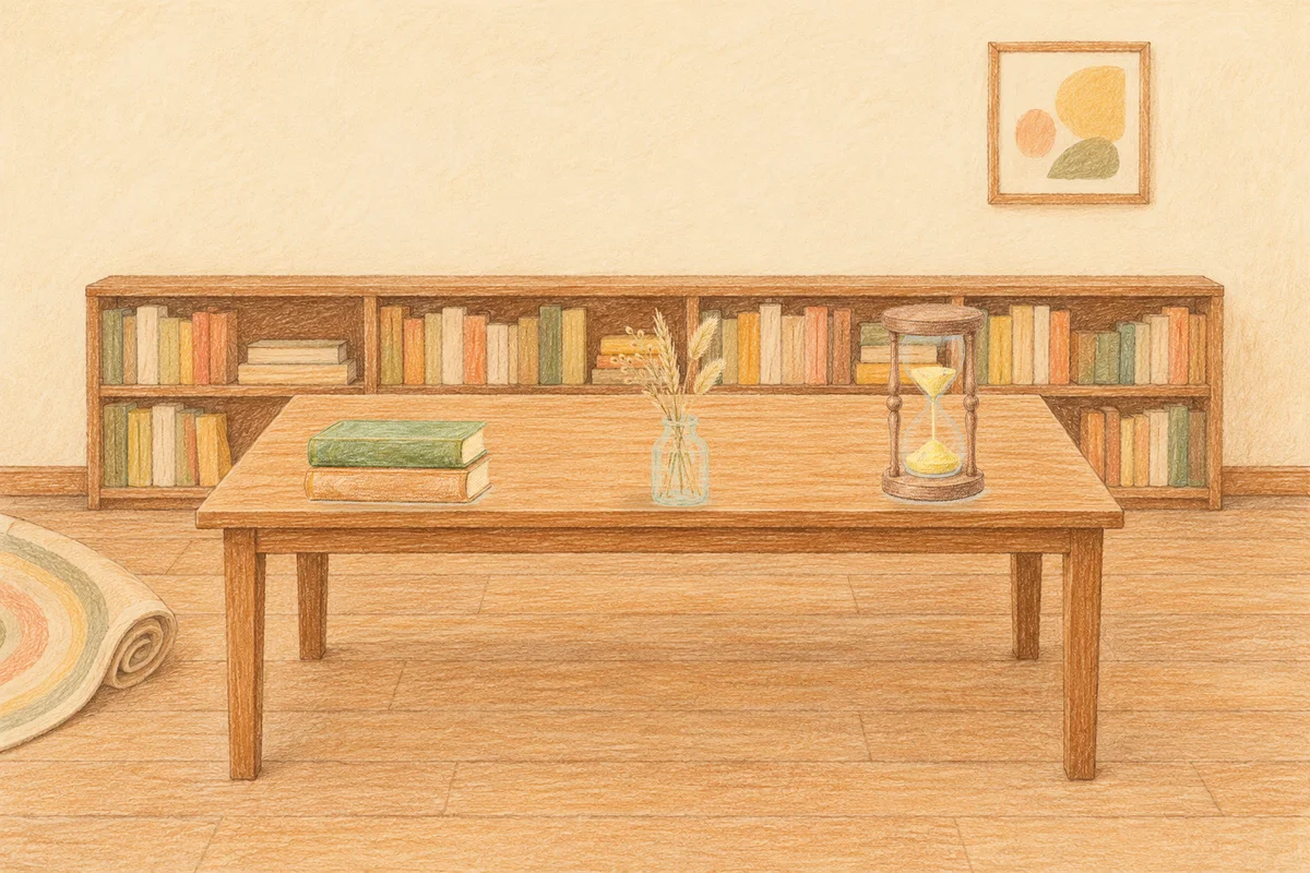 구로디지털단지 여성전용 아로마 마사지 안내 그림, 낮의 서재 긴 책상 위에 놓인 책 두 권, 마른 풀을 꽂은 항아리, 모래시계