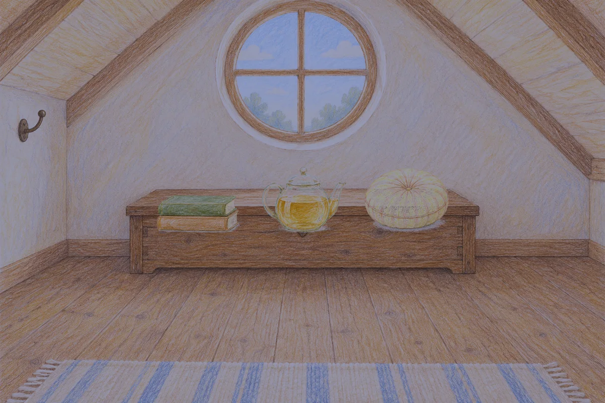 구로디지털단지 여성전용 스웨디시 후기 안내 그림, 밤의 다락방 나무 궤짝 위에 놓인 책 두 권, 유리 티포트, 둥근 쿠션