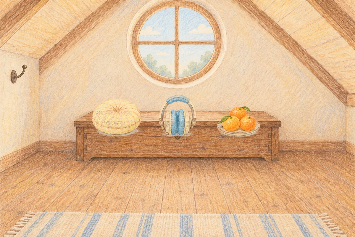 구로디지털단지 여성전용 아로마 마사지 후기 안내 그림, 낮의 다락방 나무 궤짝 위에 놓인 둥근 쿠션, 헤드폰, 귤이 담긴 접시