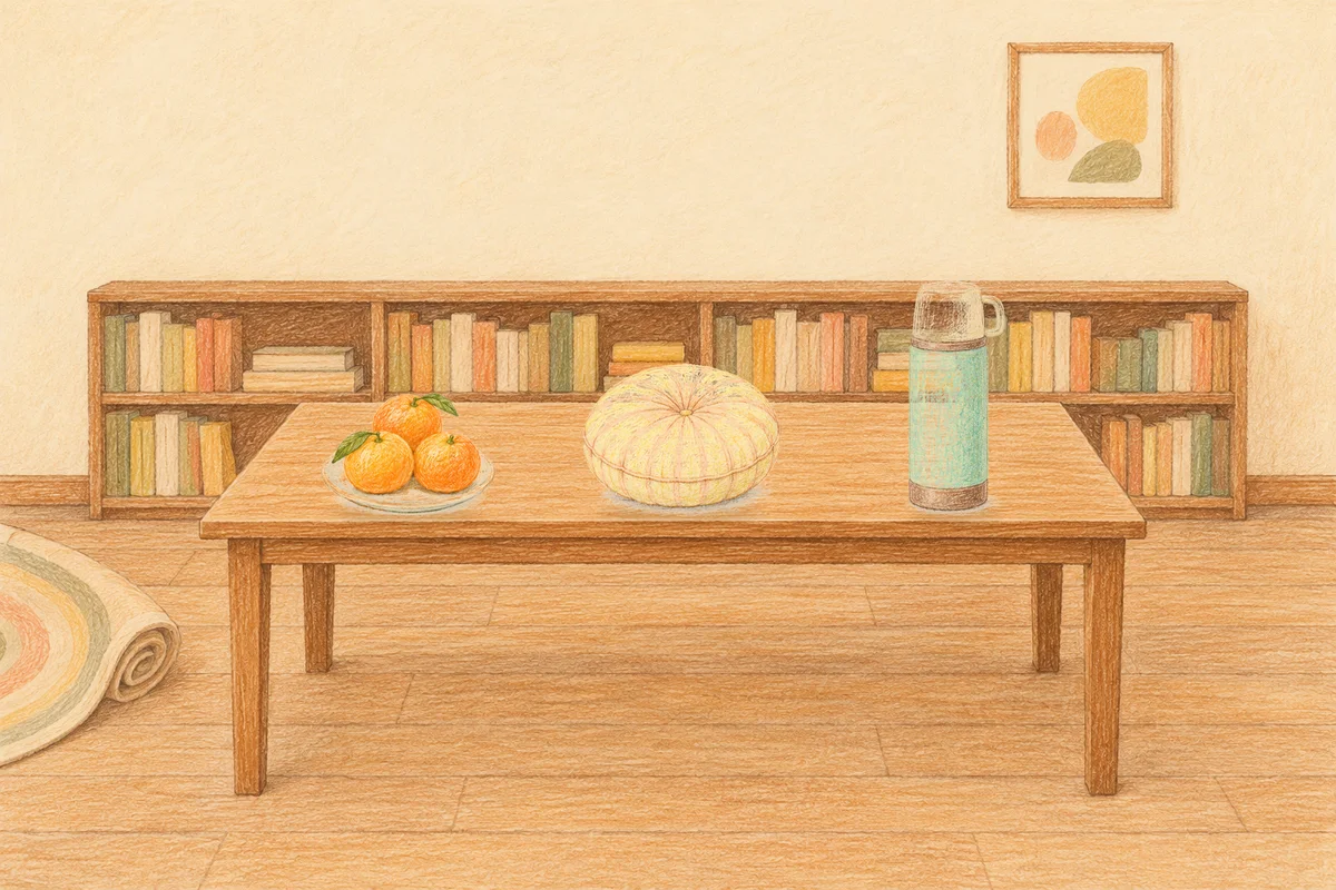 구로디지털단지 여성전용 아로마 가격 안내 그림, 낮의 서재 긴 책상 위에 놓인 귤이 담긴 접시, 둥근 쿠션, 보온병