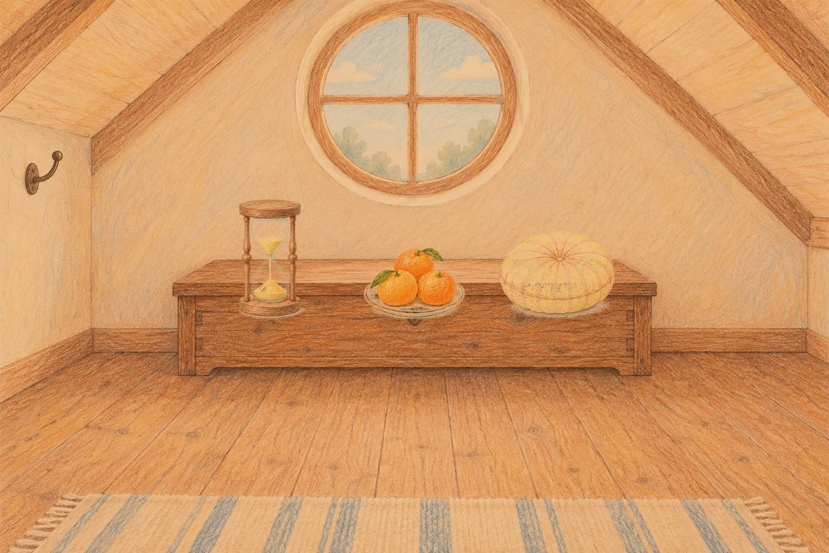 구로디지털단지 여성전용 아로마 추천 안내 그림, 저녁의 다락방 나무 궤짝 위에 놓인 모래시계, 귤이 담긴 접시, 둥근 쿠션
