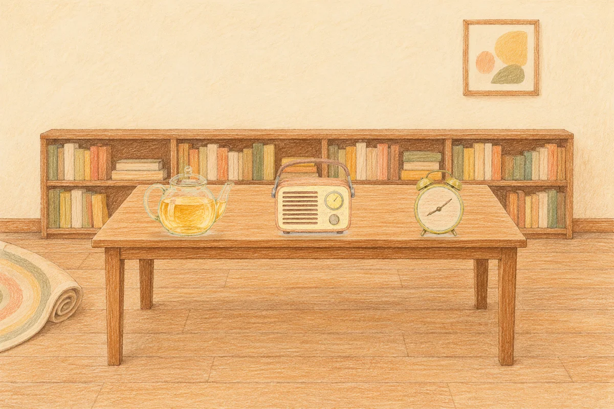 구로디지털단지 여성전용 경락마사지 안내 그림, 낮의 서재 긴 책상 위에 놓인 유리 티포트, 작은 라디오, 둥근 알람시계