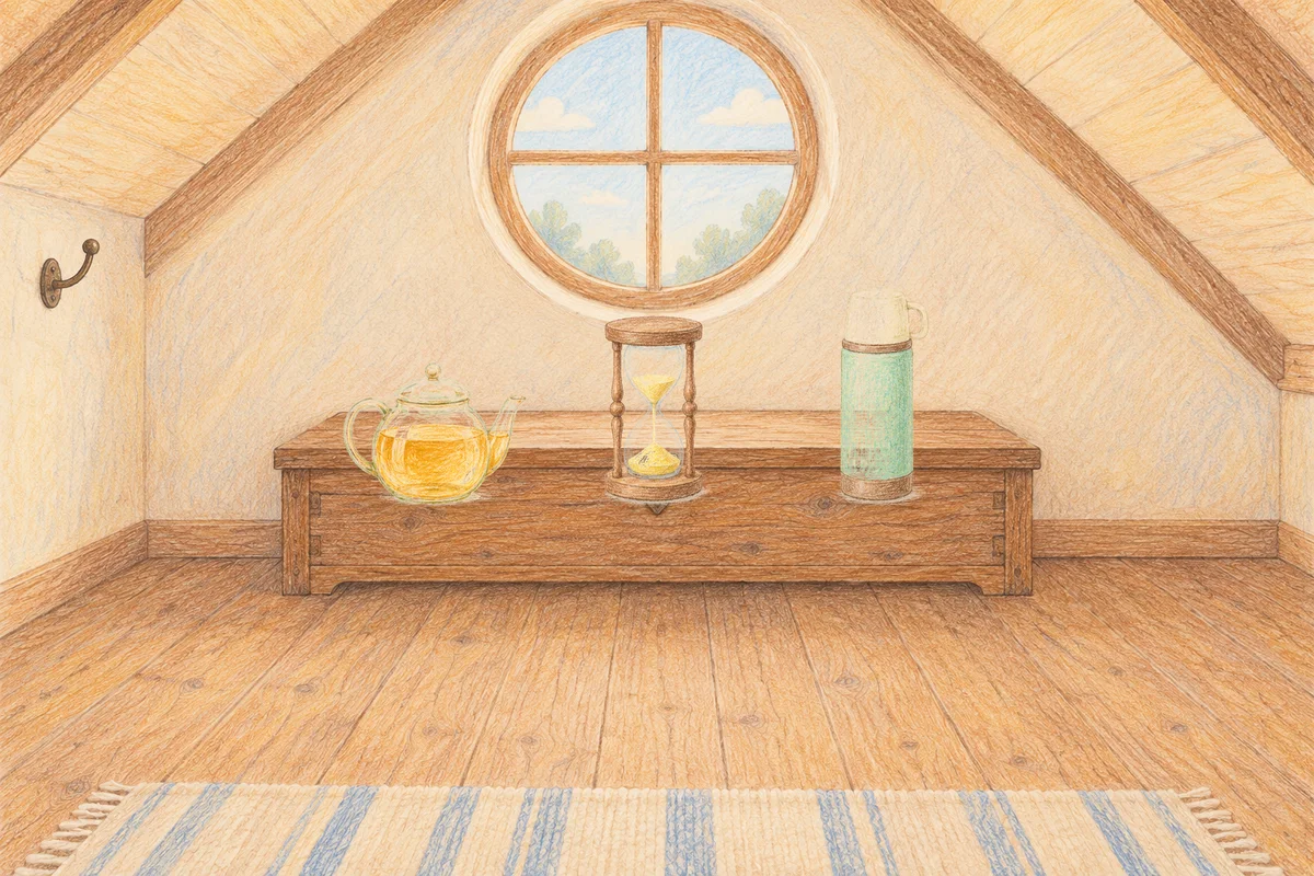 구로디지털단지 여성전용 바디 경락 안내 그림, 낮의 다락방 나무 궤짝 위에 놓인 유리 티포트, 모래시계, 보온병