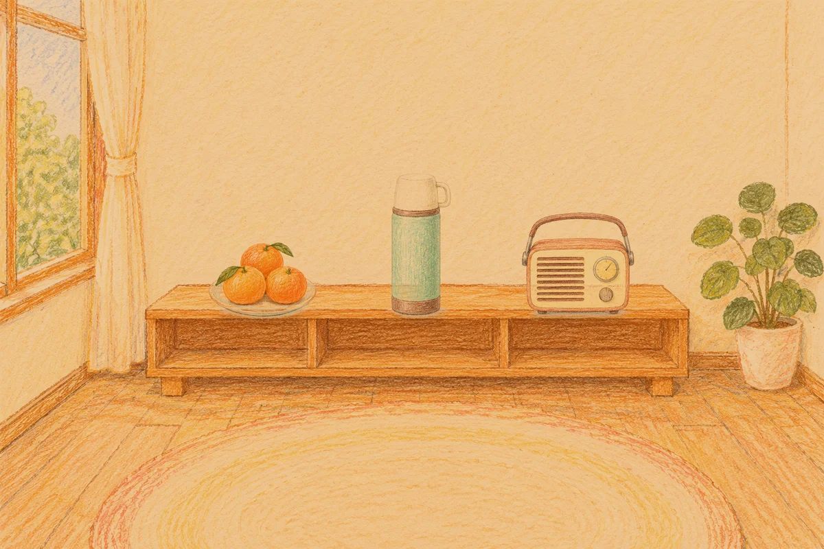 구로디지털단지 여성전용 프라이빗 케어 안내 그림, 저녁의 창가 낮은 선반 위에 놓인 귤이 담긴 접시, 보온병, 작은 라디오