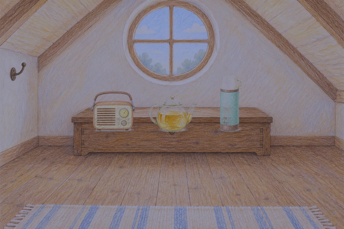 구로디지털단지 여성전용 홈케어 추천 안내 그림, 밤의 다락방 나무 궤짝 위에 놓인 작은 라디오, 유리 티포트, 보온병
