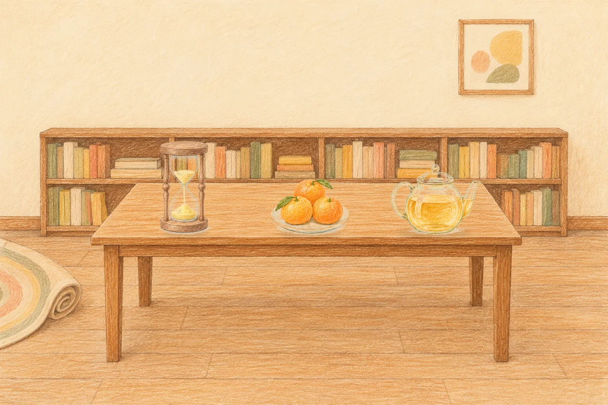구로디지털단지 여성전용 발마사지 안내 그림, 낮의 서재 긴 책상 위에 놓인 모래시계, 귤이 담긴 접시, 유리 티포트