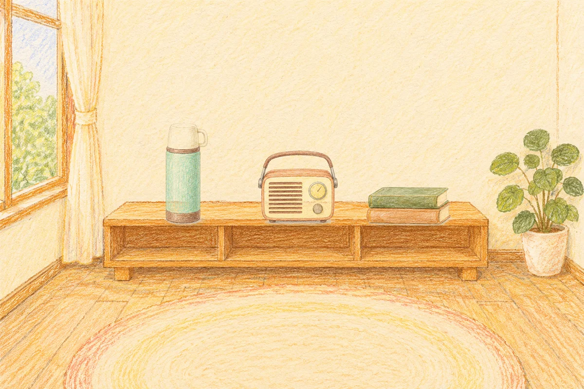 구로디지털단지 여성전용 발 케어 안내 그림, 낮의 창가 낮은 선반 위에 놓인 보온병, 작은 라디오, 책 두 권