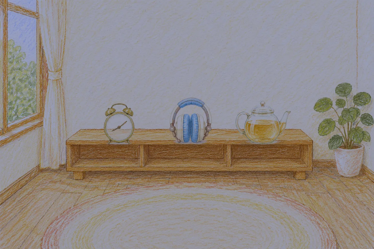 구로디지털단지 여성전용 발 부종 케어 안내 그림, 밤의 창가 낮은 선반 위에 놓인 둥근 알람시계, 헤드폰, 유리 티포트