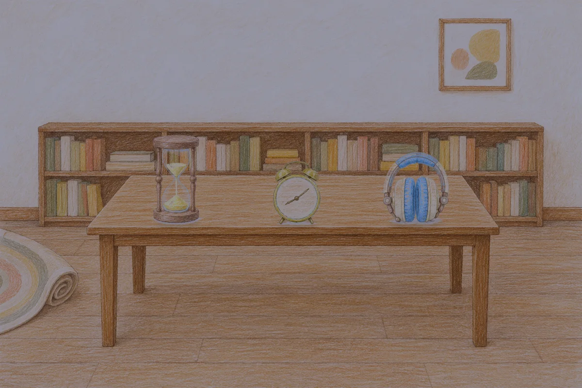 구로디지털단지 여성전용 셀룰라이트 관리 안내 그림, 밤의 서재 긴 책상 위에 놓인 모래시계, 둥근 알람시계, 헤드폰