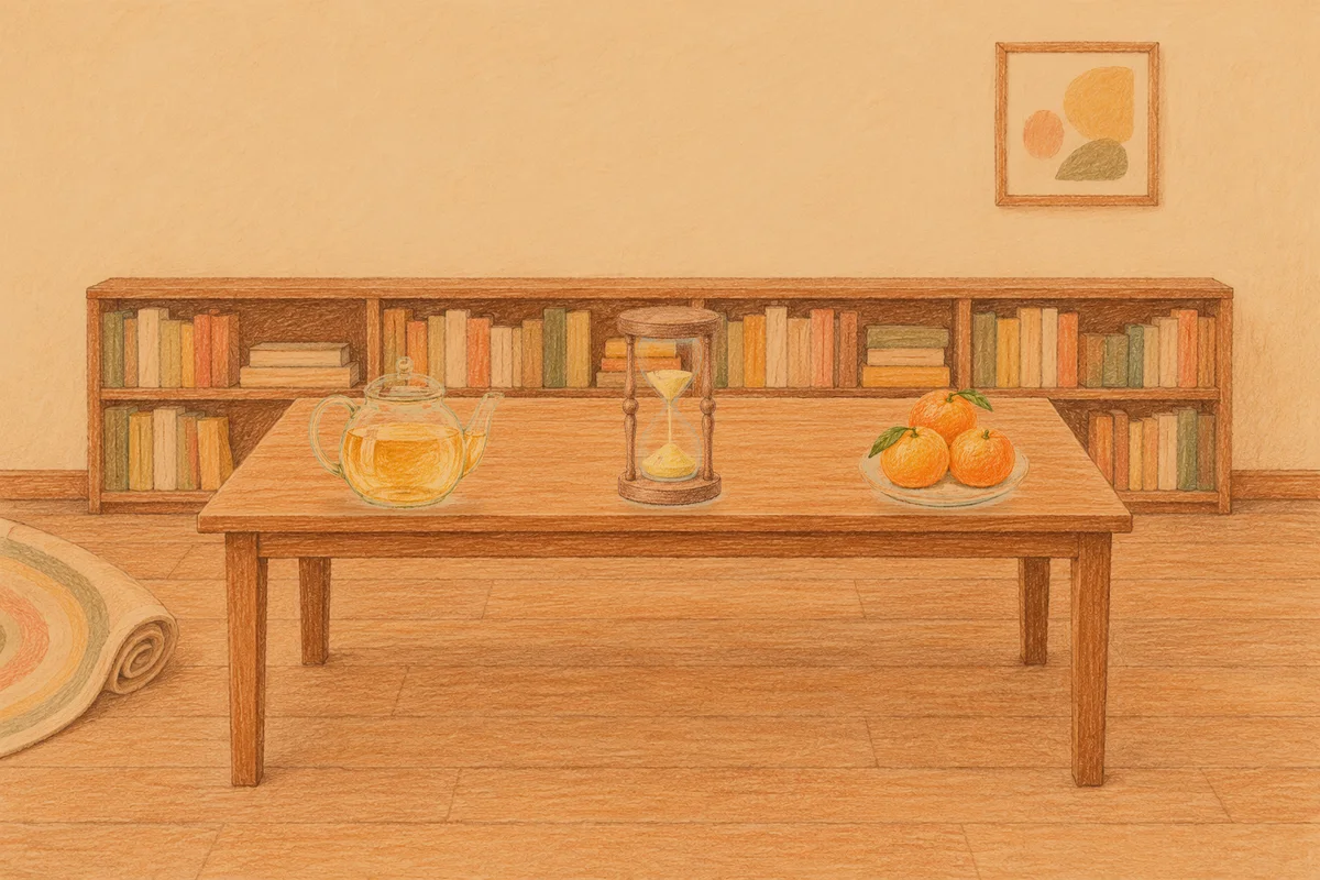 구로디지털단지 여성전용 슬리밍 마사지 안내 그림, 저녁의 서재 긴 책상 위에 놓인 유리 티포트, 모래시계, 귤이 담긴 접시