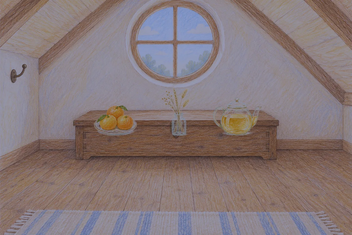 구로디지털단지 여성전용 다이어트 마사지 안내 그림, 밤의 다락방 나무 궤짝 위에 놓인 귤이 담긴 접시, 마른 풀을 꽂은 항아리, 유리 티포트